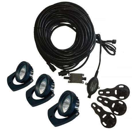 3 LED Lights, Cord, 3 Mounting Brackets, Photocell and Transformer