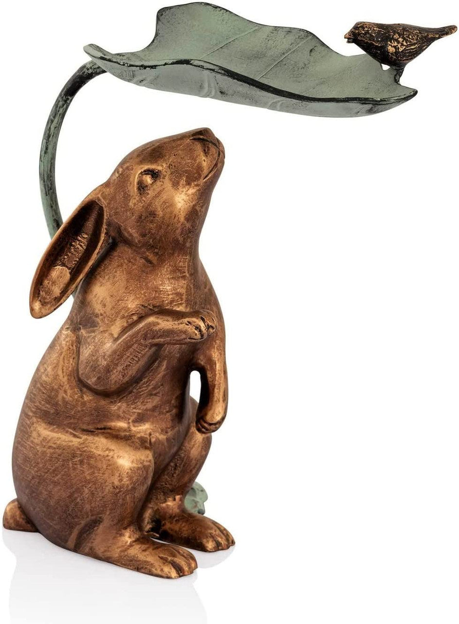 Riley the Rabbit with Leaf Birdfeeder | Garden Sculpture