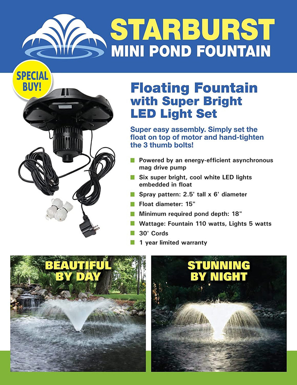 EasyPro MWF36 Starburst Floating Fountain Kit w/ 6 White LED Lights