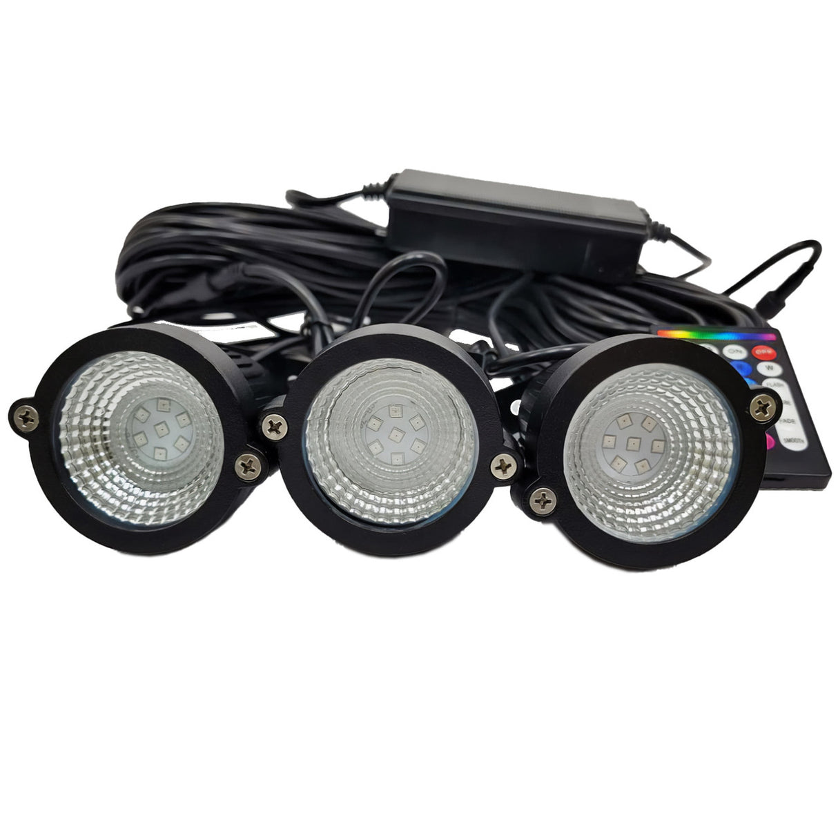 Close-up view of the Custom Pro PondPrism SMART Color-Changing 3 Fountain Light Kit, 36W, with remote control