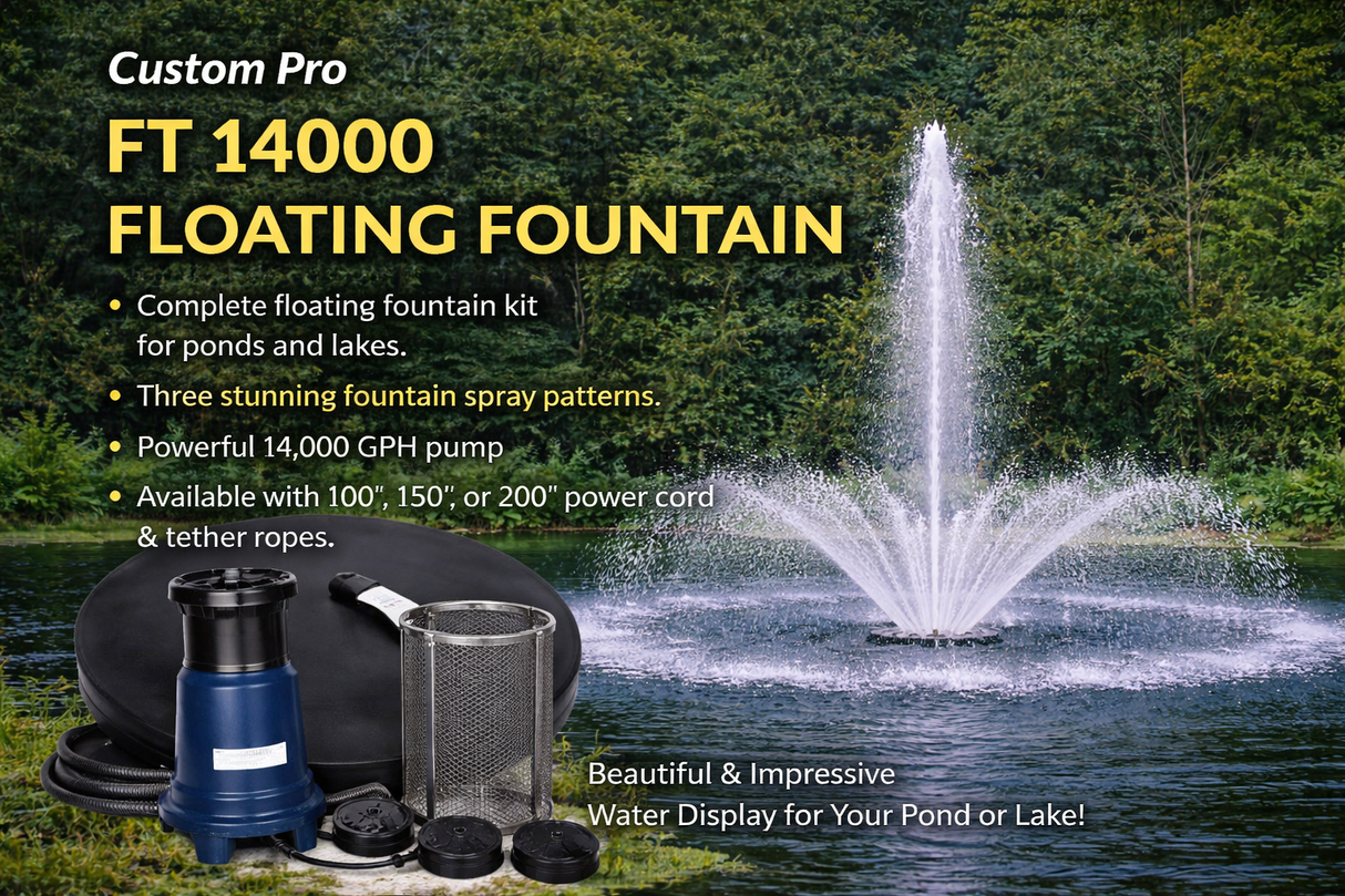Custom Pro FT 14000 Floating Pond Fountain & Aerator Kit w/ 100', 150', or 200' Cord