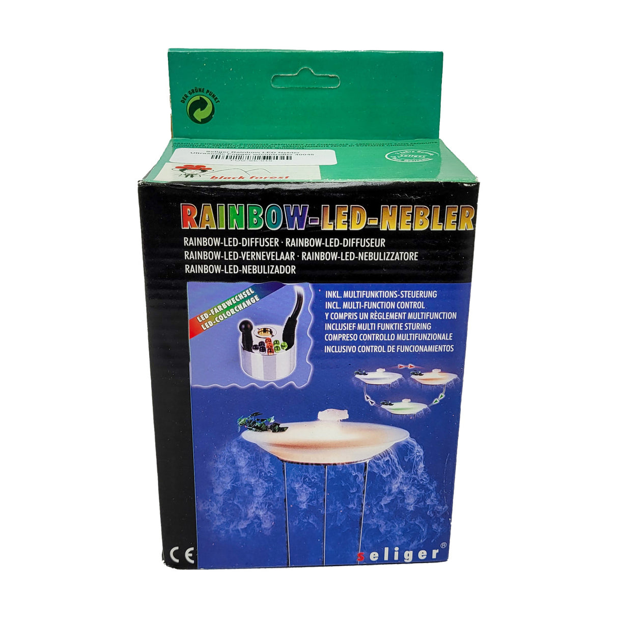 Rainbow LED Fogger with 8 color modes, adjustable speed, and independent on/off switch for LEDs & Fogger.