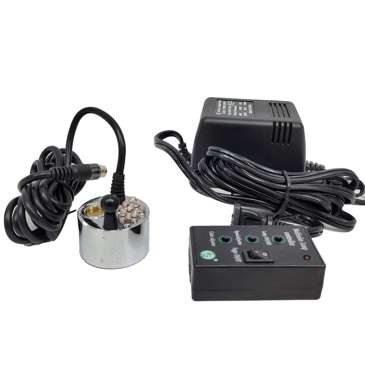 Rainbow LED Fogger with 8 color modes, adjustable speed, and independent on/off switch for LEDs & Fogger.