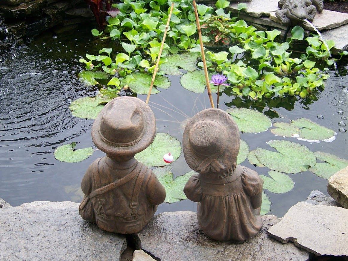 Fishing Boy & Girl Cast Stone Statues - Back View
