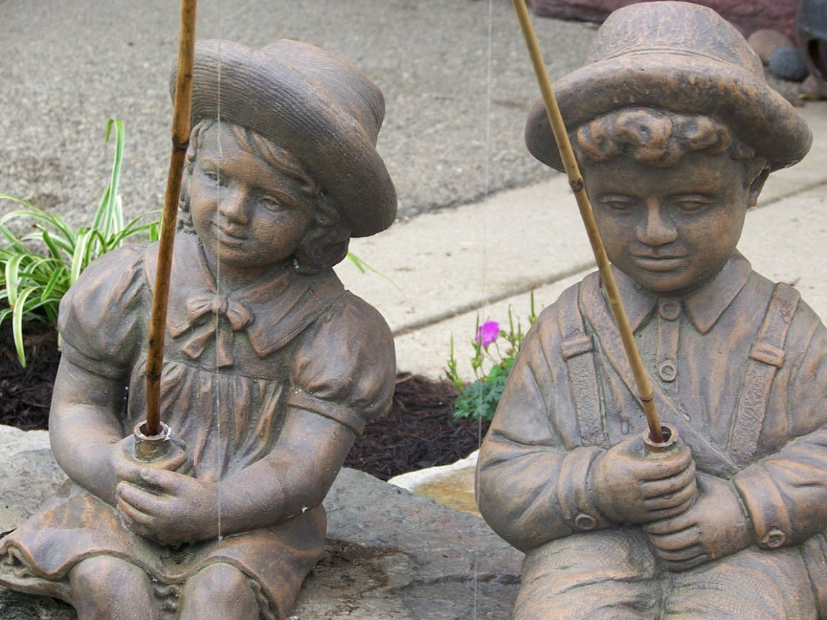 Fishing Boy & Girl Cast Stone Statues - Close-up