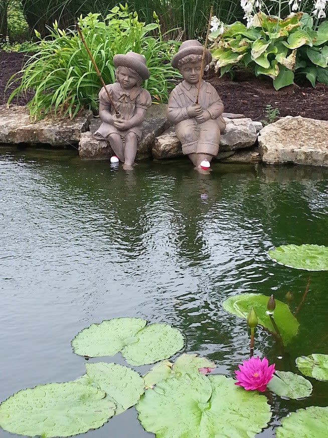 Fishing Boy & Girl Cast Stone Statues- Front View with Pond
