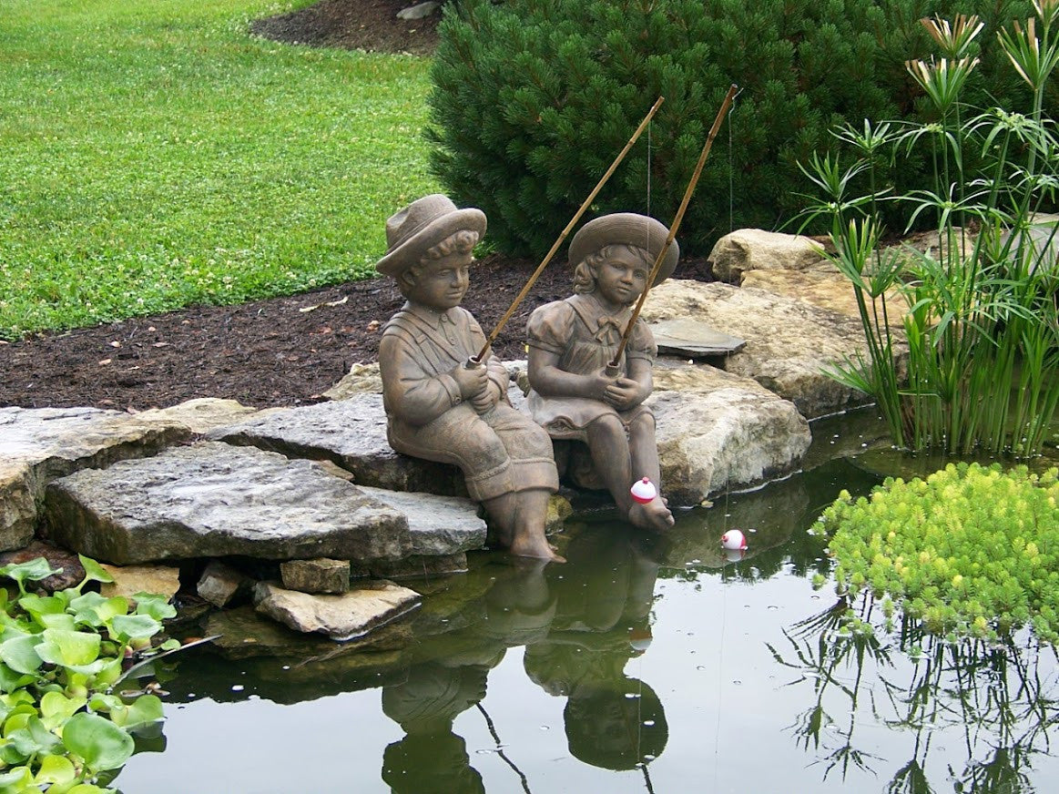 Fishing Boy & Girl Cast Stone Statues - Angled View