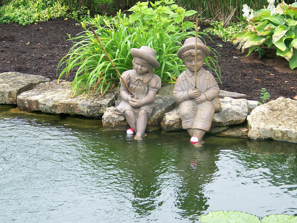 Fishing Boy & Girl Cast Stone Statues | Life-Size Sculptures
