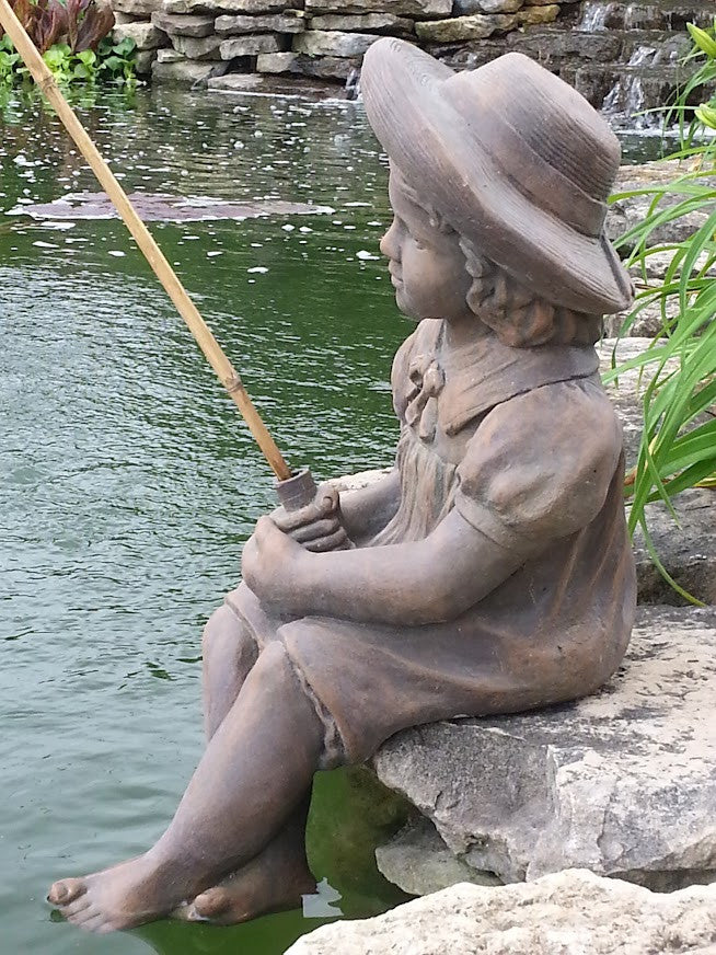 Fishing Girl Cast Stone Statue - Side View