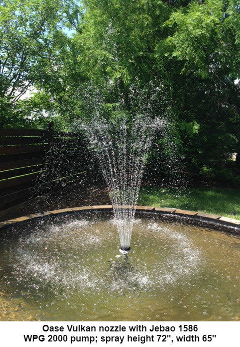 Oase Vulkan nozzle with Jebao 1586 WPG 2000 pump; spray height 72 inches, width 65 inches