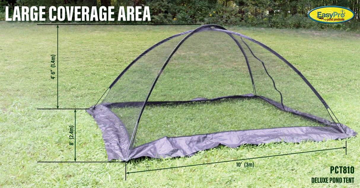 EasyPro Pond Net Tent 8x10: 8 ft. wide x 10 ft. long x 4 ft. 6 in. tall.