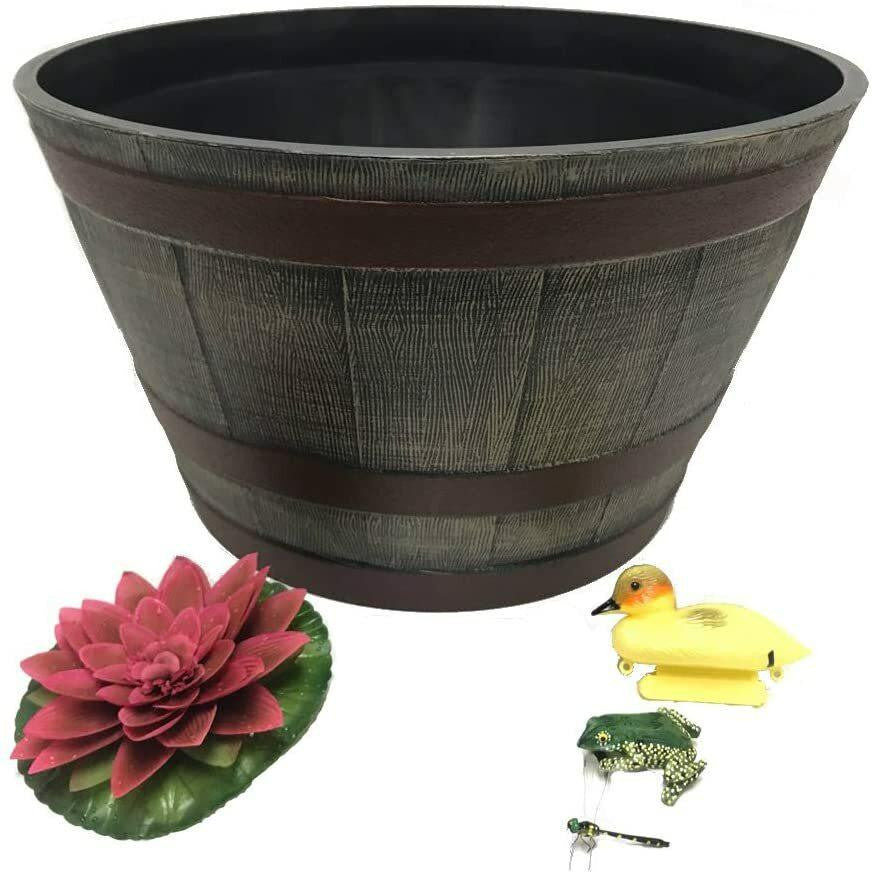 Custom Pro Faux Resin Whiskey Barrel Liner - Includes Dragonfly/Frog Pot Hangers, Red Silk Water Lily and Baby Duckling