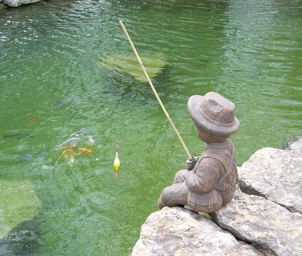 Fishing Boy Cast Stone Statue - Angled Back View