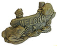 Massarellis Welcome Sign with Frogs and Lily Pads - Cast Stone Statue- 12.25 x 21.5