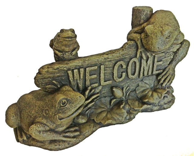Massarellis Welcome Sign with Frogs and Lily Pads - Cast Stone Statue- 12.25 x 21.5