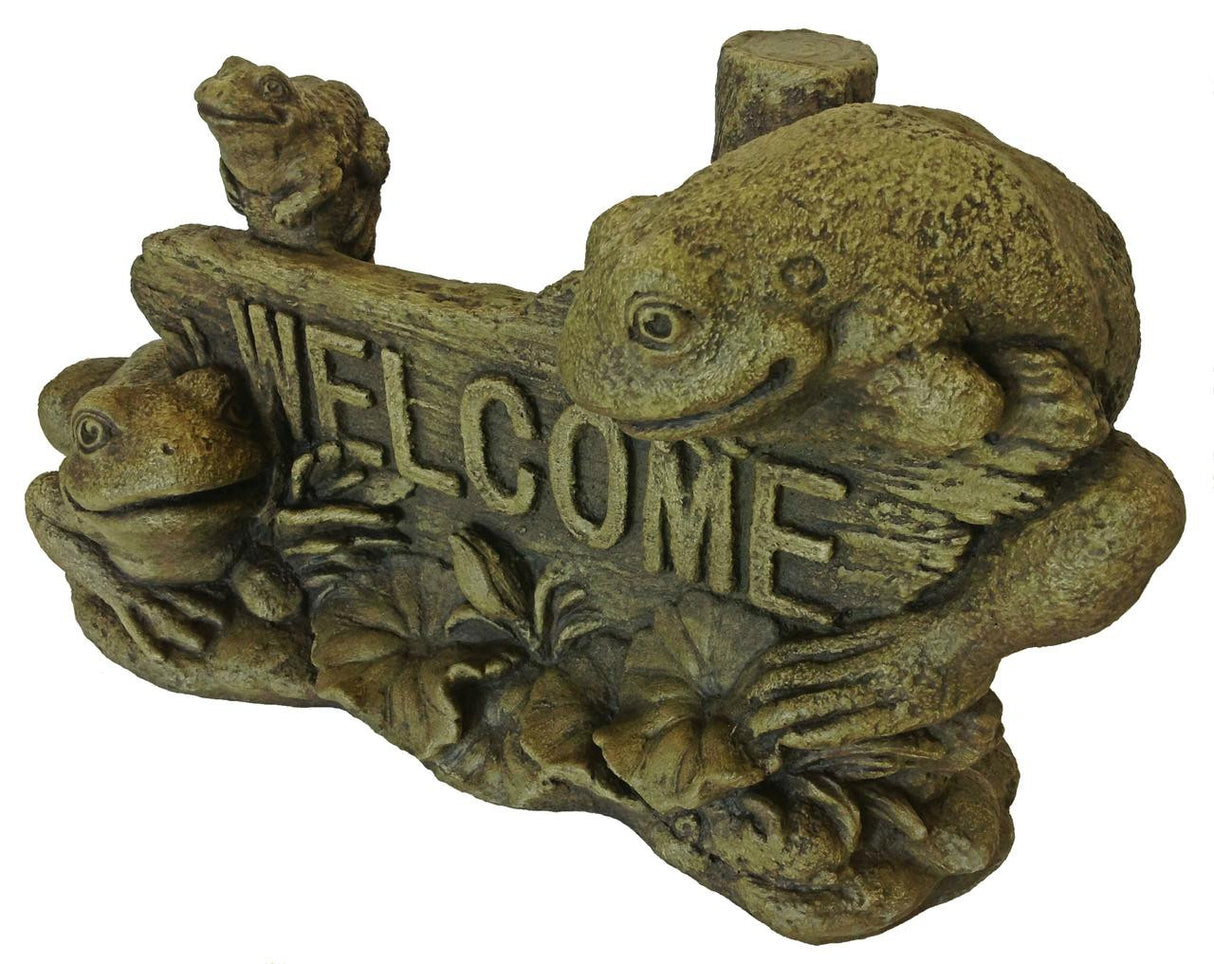 Massarellis Welcome Sign with Frogs and Lily Pads - Cast Stone Statue- 12.25 x 21.5
