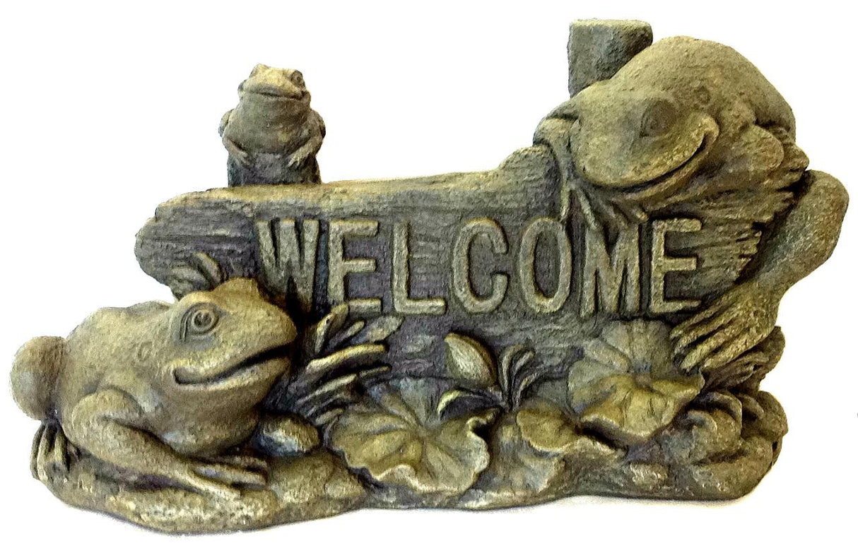 Massarellis Welcome Sign with Frogs and Lily Pads - Cast Stone Statue- 12.25 x 21.5