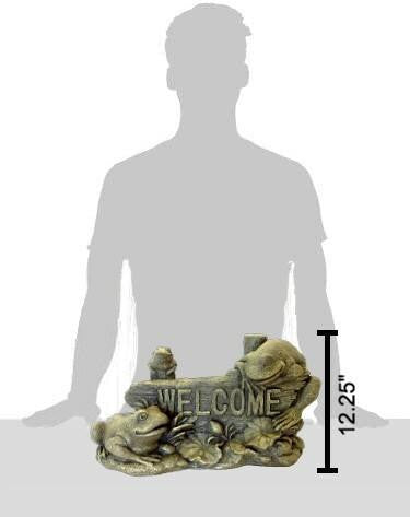 Massarellis Welcome Sign with Frogs and Lily Pads - Cast Stone Statue- 12.25 x 21.5