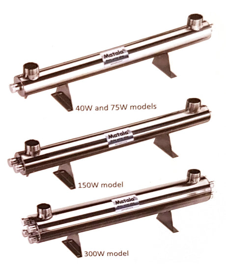 Matala Stainless Steel UV Clarifiers | 4 models: 40W; 75W; 150W; 300W (includes  3" Unions- not pictured)