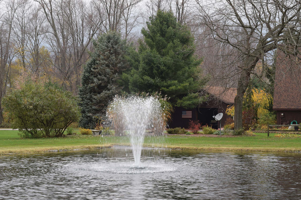 Floating fountain head with umbrella nozzle, producing a classic narrow V-shape spray.