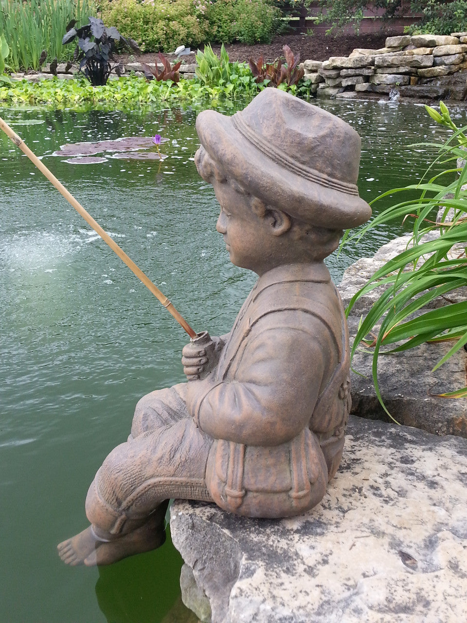 ceramics of little boy holding a fish pole for outdoors livelyfish Fishing Stone Statue Fisherman Figurines Chinese Sitting Ornament Outdoor Pool Micro Landscape Bonsai Decor : Patio, Lawn & Garden Garden Decor Boy Fishing -