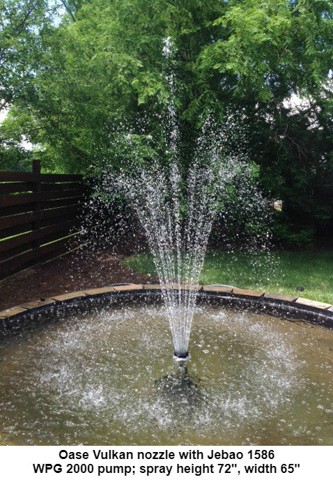 Oase Vulkan nozzle with Jebao 1586 WPG 2000 pump; spray height 72 inches, width 65 inches