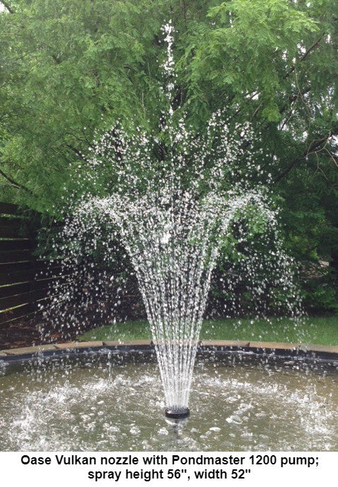 Oase Vulkan nozzle with Pondmaster 1200 pump; spray height 56 inches, width 52 inches