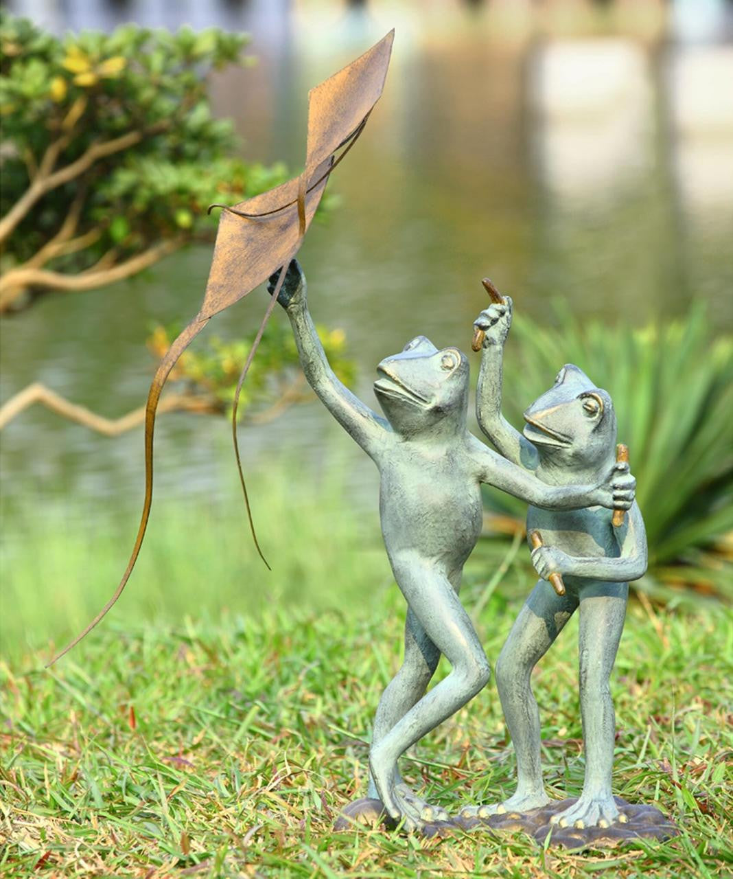 Frog Buddies Flying Kites Garden Sculpture